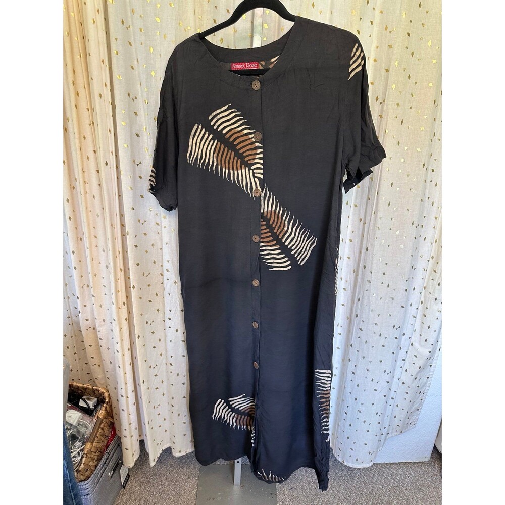 Vintage Sunset Rose Batik Hawaiian Tropical Palm Button Down Midi Dress L